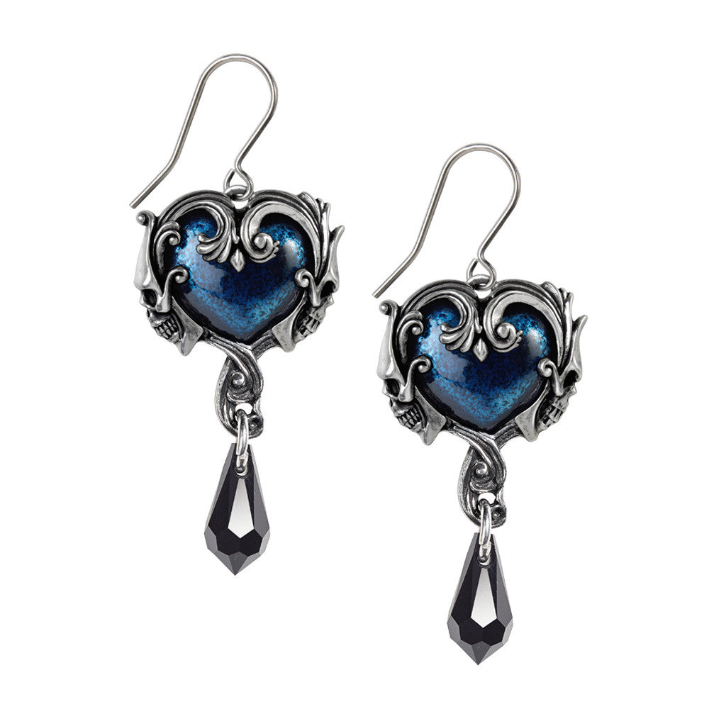 Affaire Du Coeur Blue Heart Skulls Pendant & Earrings Set